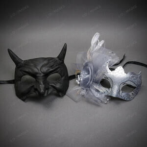 Black Horned Demon Mask & Silver Tulle Glitter Masquerade Couple Mask Set
